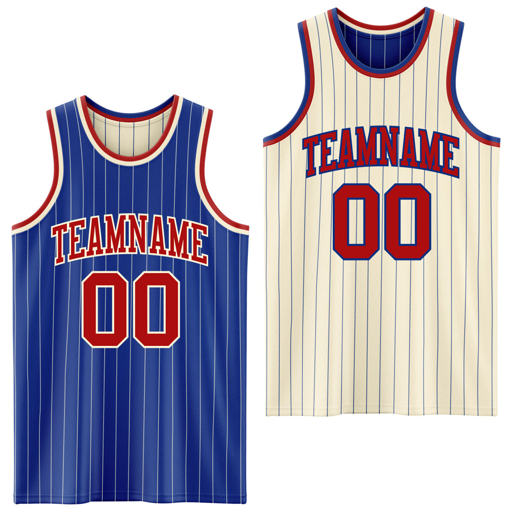 Custom Royal Cream Pinstripe-Red Reversible Double Side Sublimation Basketball Set Jersey