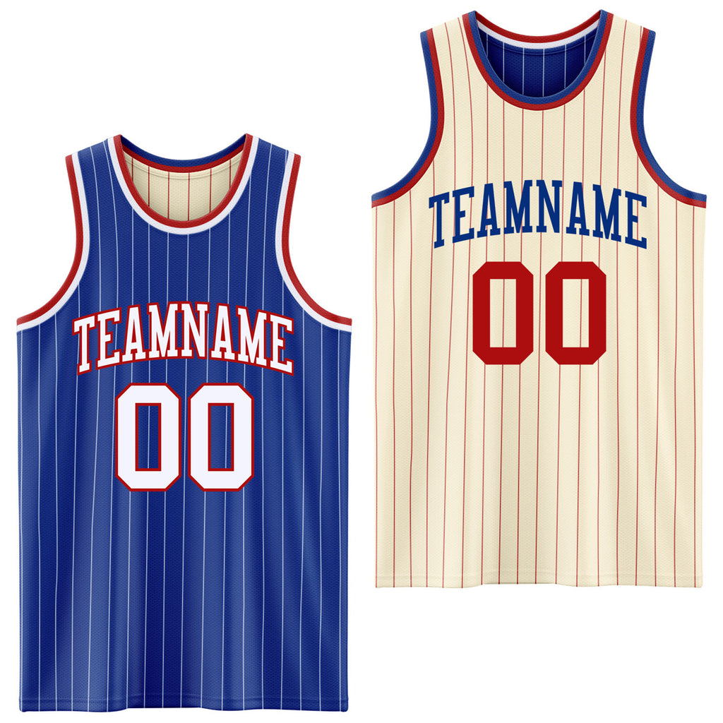 Custom Royal White & Cream Red Pinstripe Reversible Double Side Sublimation Basketball Set Jersey