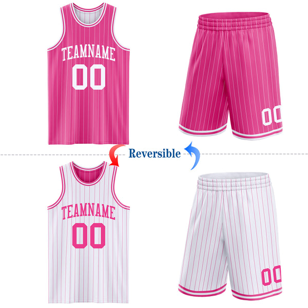 Custom Pink White Pinstripe Reversible Double Side Sublimation Basketball Set Jersey