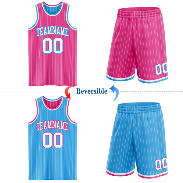 Custom Pink White Pinstripe-Sky Blue Reversible Double Side Sublimation Basketball Set Jersey