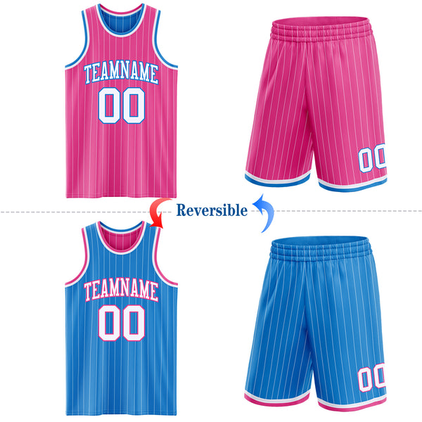 Custom Pink White Pinstripe-Powder Blue Reversible Double Side Sublimation Basketball Set Jersey