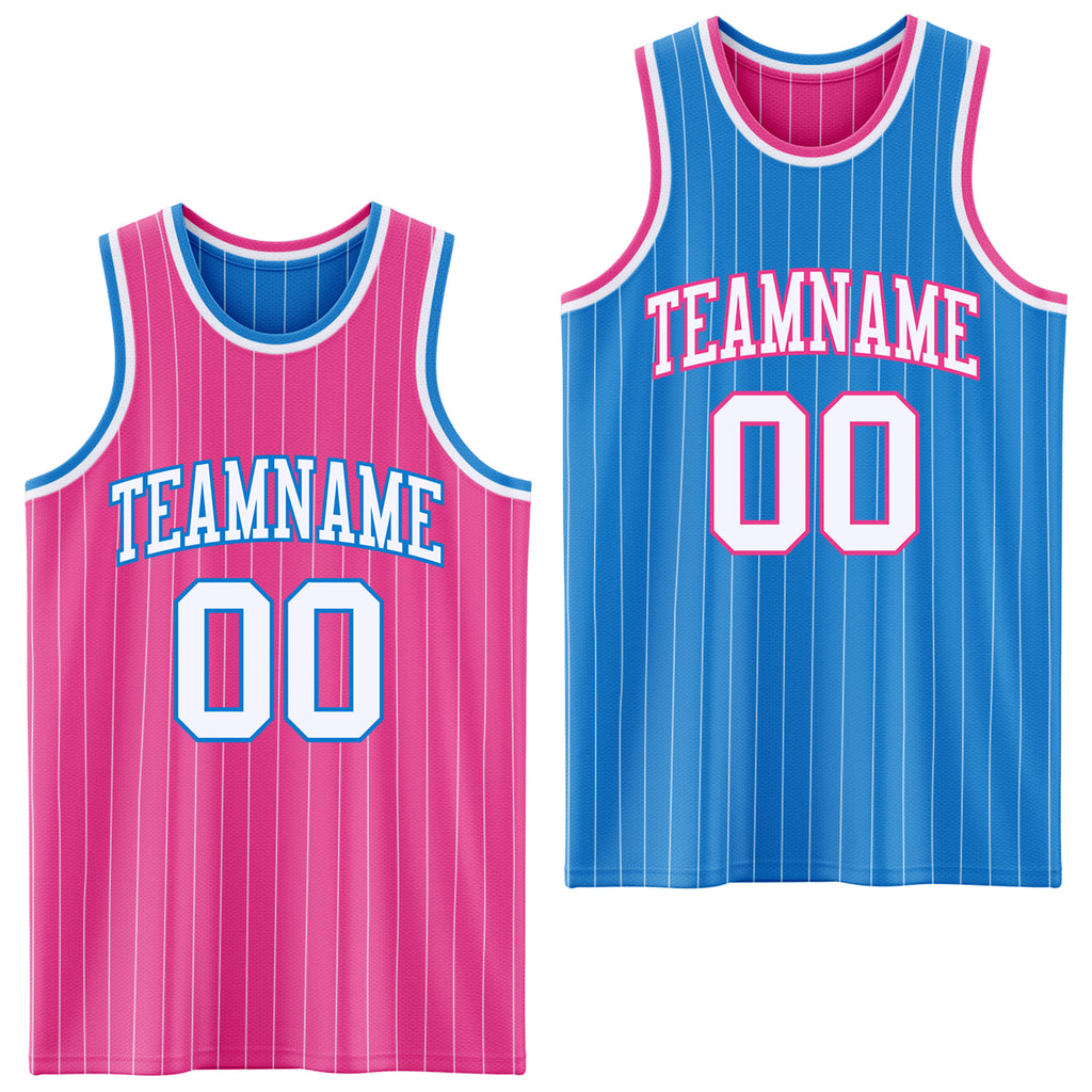 Custom Pink White Pinstripe-Powder Blue Reversible Double Side Sublimation Basketball Set Jersey