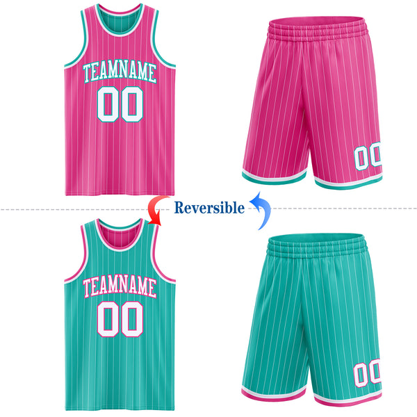 Custom Pink White Pinstripe-Aqua Reversible Double Side Sublimation Basketball Set Jersey