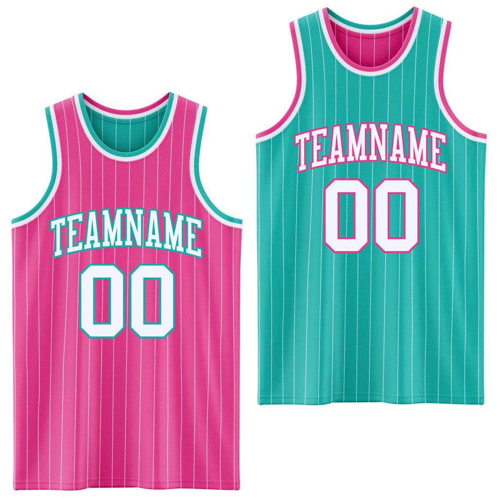 Custom Pink White Pinstripe-Aqua Reversible Double Side Sublimation Basketball Set Jersey