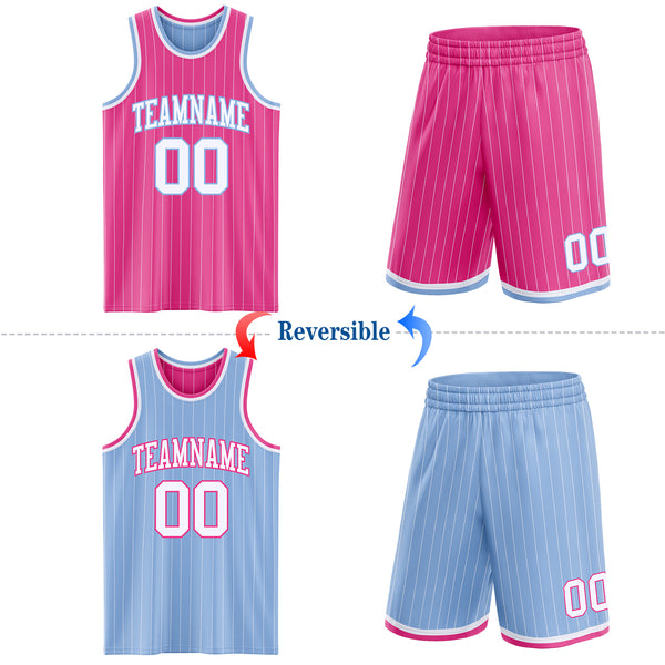 Custom Pink White Pinstripe-Light Blue Reversible Double Side Sublimation Basketball Set Jersey