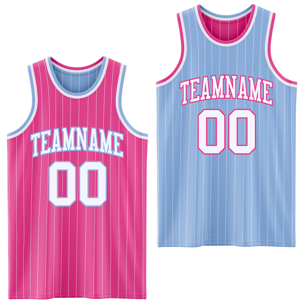 Custom Pink White Pinstripe-Light Blue Reversible Double Side Sublimation Basketball Set Jersey