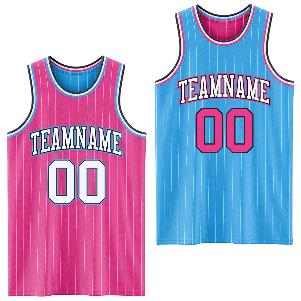 Custom Pink White Pinstripe Black-Sky Blue Reversible Double Side Sublimation Basketball Set Jersey