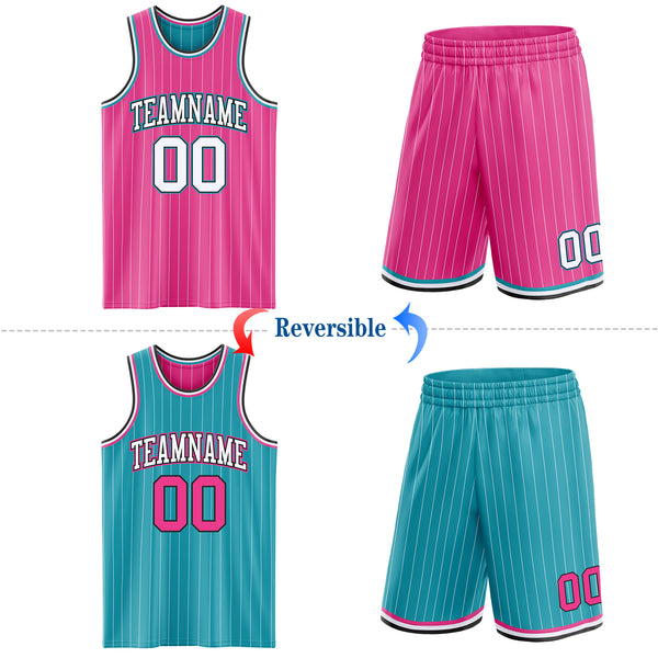 Custom Pink White Pinstripe Black-Teal Reversible Double Side Sublimation Basketball Set Jersey