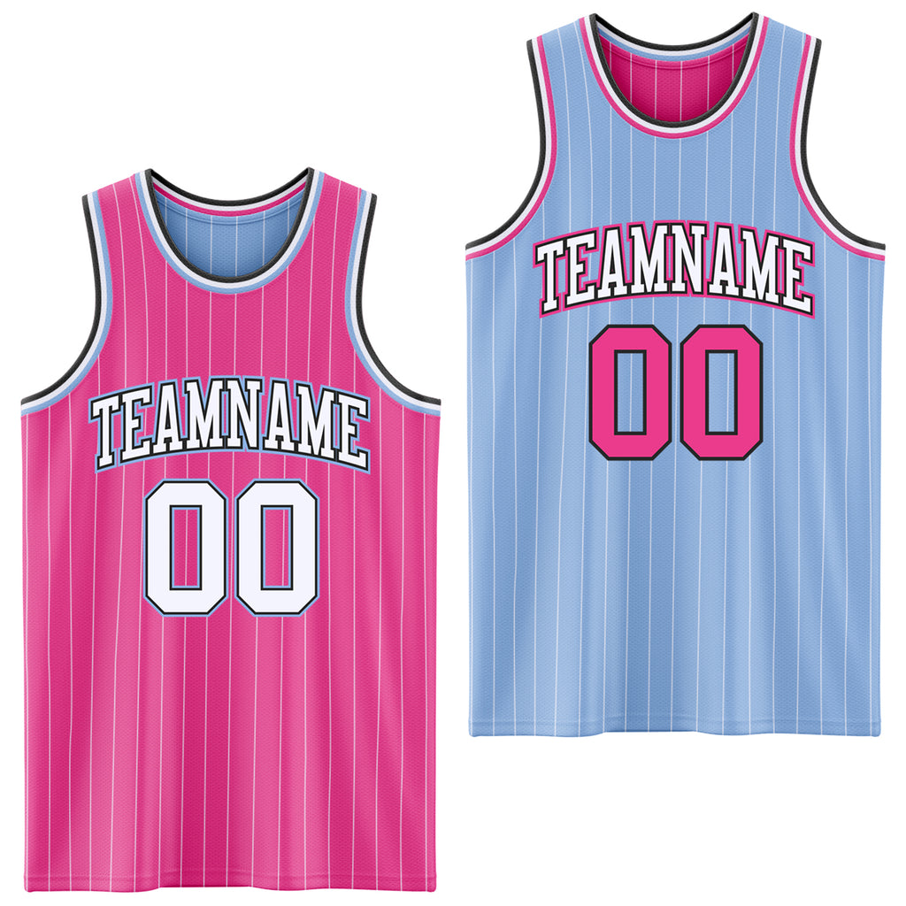 Custom Pink White Pinstripe Black-Light Blue Reversible Double Side Sublimation Basketball Set Jersey
