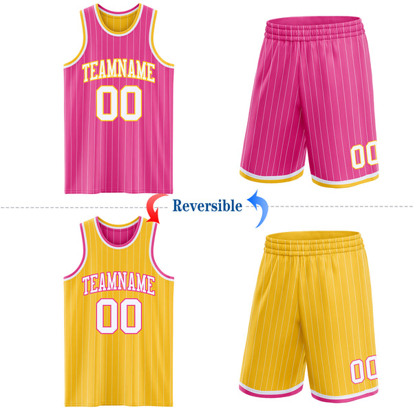 Custom Pink White Pinstripe-Gold Reversible Double Side Sublimation Basketball Set Jersey