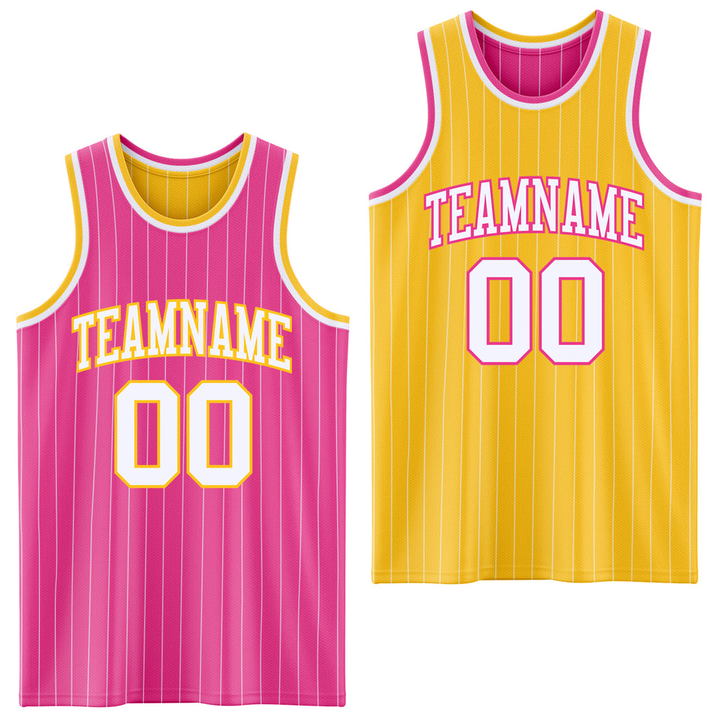 Custom Pink White Pinstripe-Gold Reversible Double Side Sublimation Basketball Set Jersey