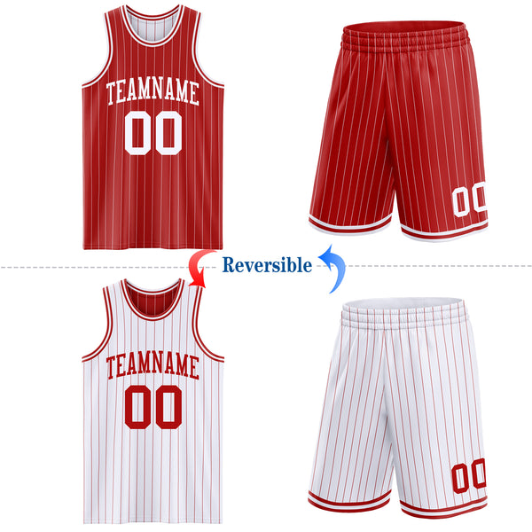 Custom Red White Pinstripe Reversible Double Side Sublimation Basketball Set Jersey