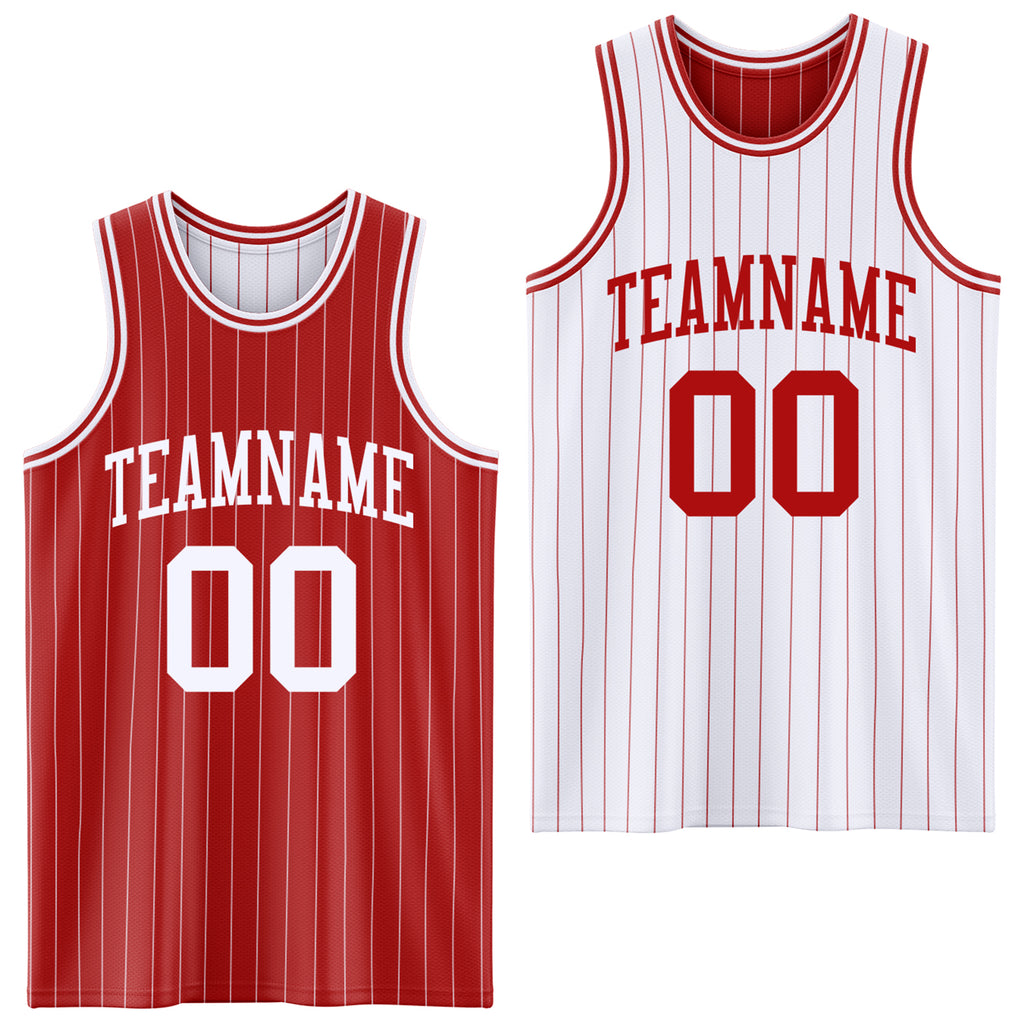 Custom Red White Pinstripe Reversible Double Side Sublimation Basketball Set Jersey