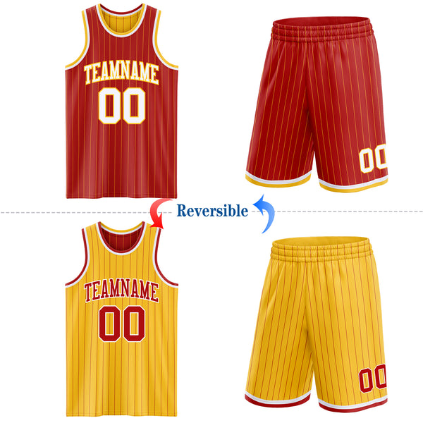Custom Red Gold Pinstripe-White Reversible Double Side Sublimation Basketball Set Jersey