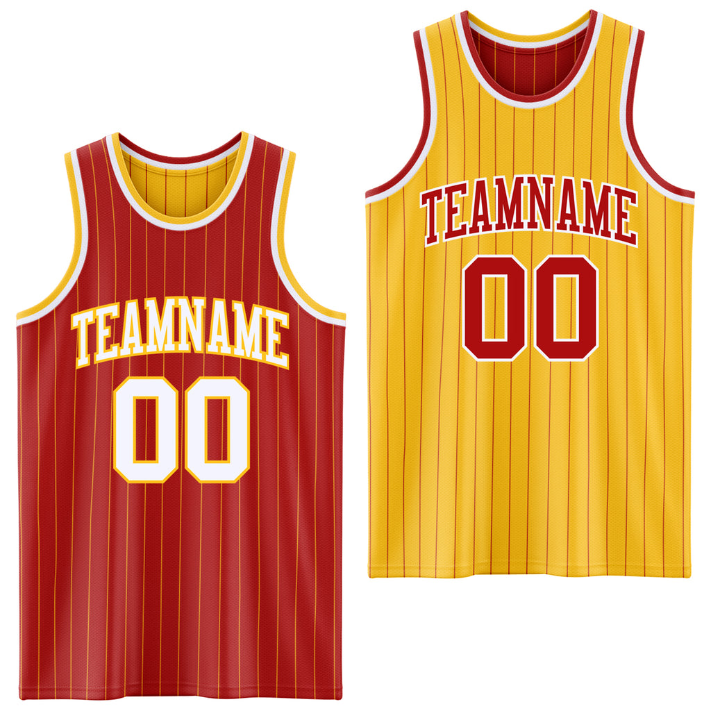 Custom Red Gold Pinstripe-White Reversible Double Side Sublimation Basketball Set Jersey