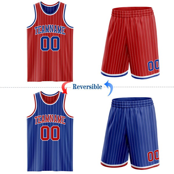Custom Red White Pinstripe-Royal Reversible Double Side Sublimation Basketball Set Jersey