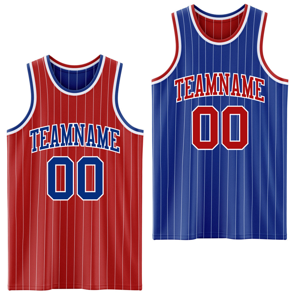 Custom Red White Pinstripe-Royal Reversible Double Side Sublimation Basketball Set Jersey