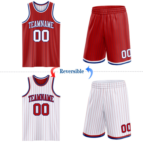 Custom Red Royal Pinstripe-White Reversible Double Side Sublimation Basketball Set Jersey