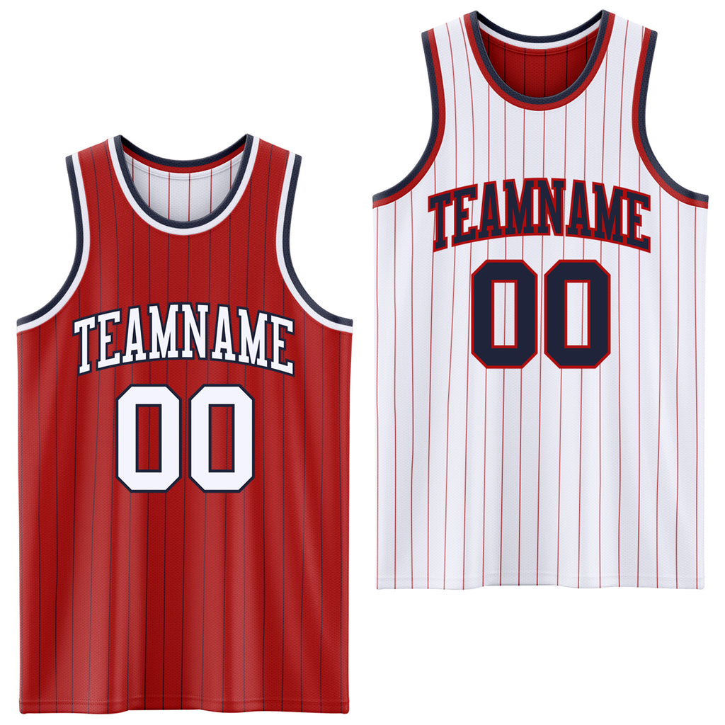 Custom Red Navy Pinstripe-White Reversible Double Side Sublimation Basketball Set Jersey