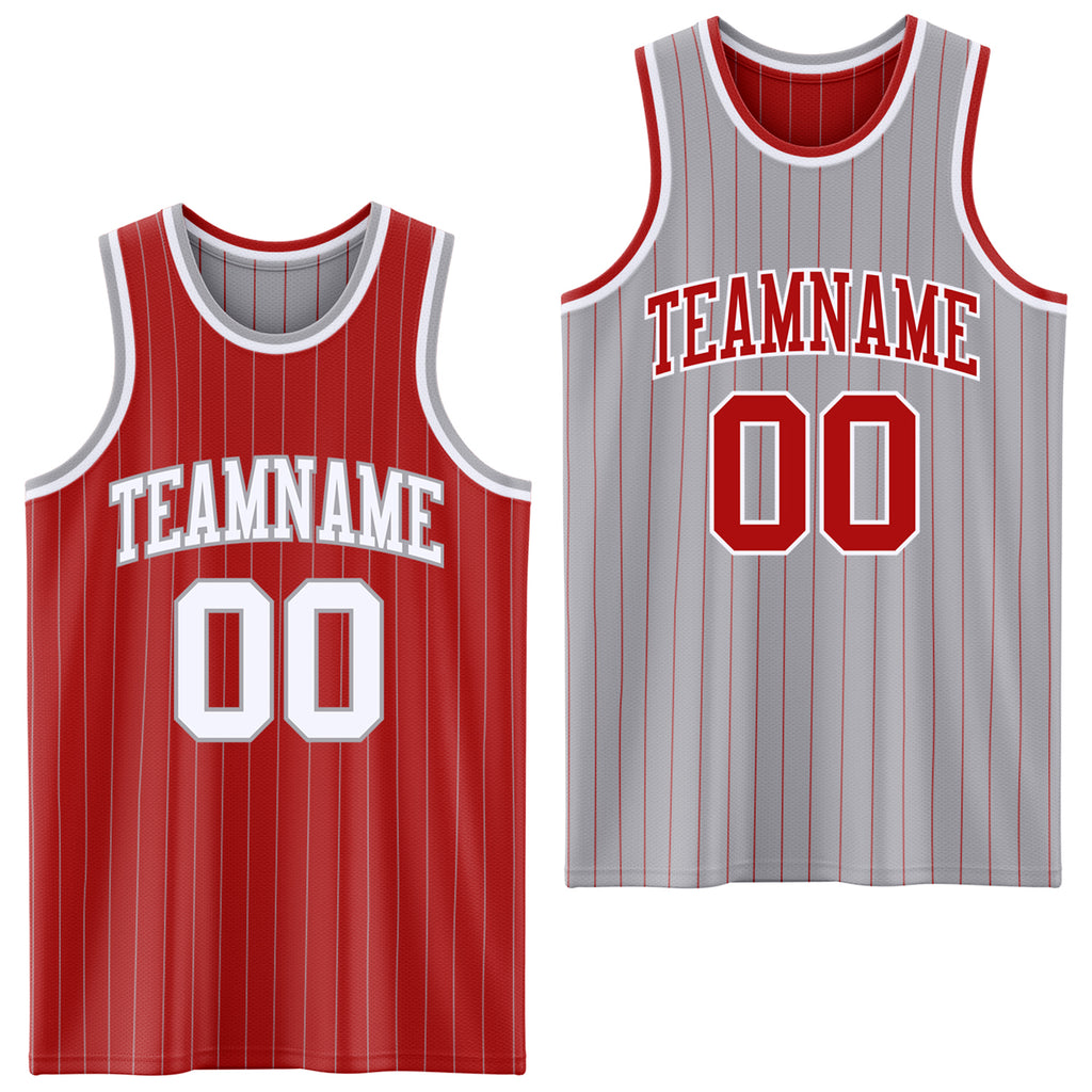 Custom Red Gray Pinstripe-White Reversible Double Side Sublimation Basketball Set Jersey