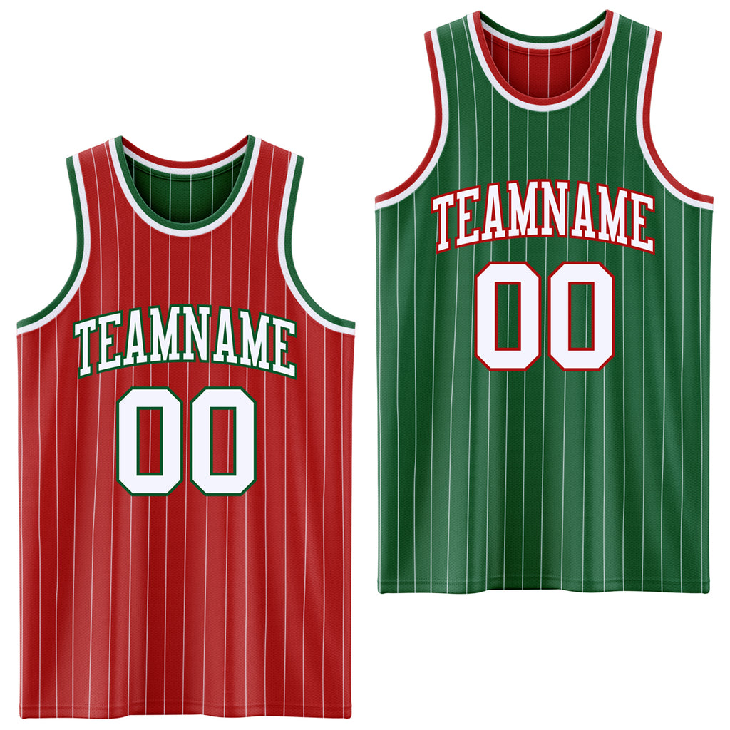 Custom Red White Pinstripe-Kelly Green Reversible Double Side Sublimation Basketball Set Jersey