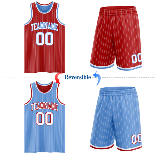 Custom Red White Pinstripe-Light Blue Reversible Double Side Sublimation Basketball Set Jersey
