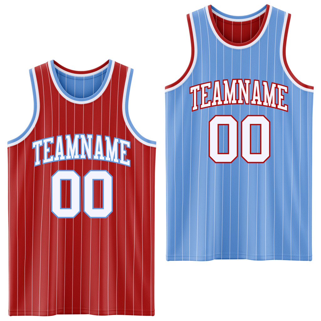 Custom Red White Pinstripe-Light Blue Reversible Double Side Sublimation Basketball Set Jersey