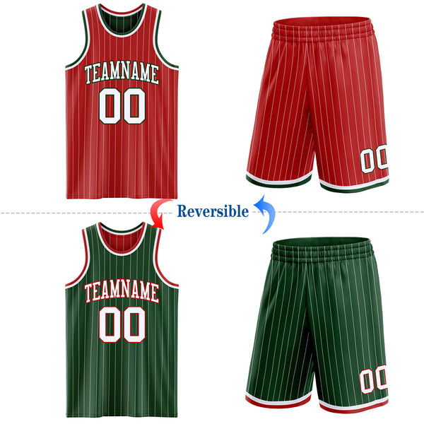 Custom Red White Pinstripe-Green Reversible Double Side Sublimation Basketball Set Jersey