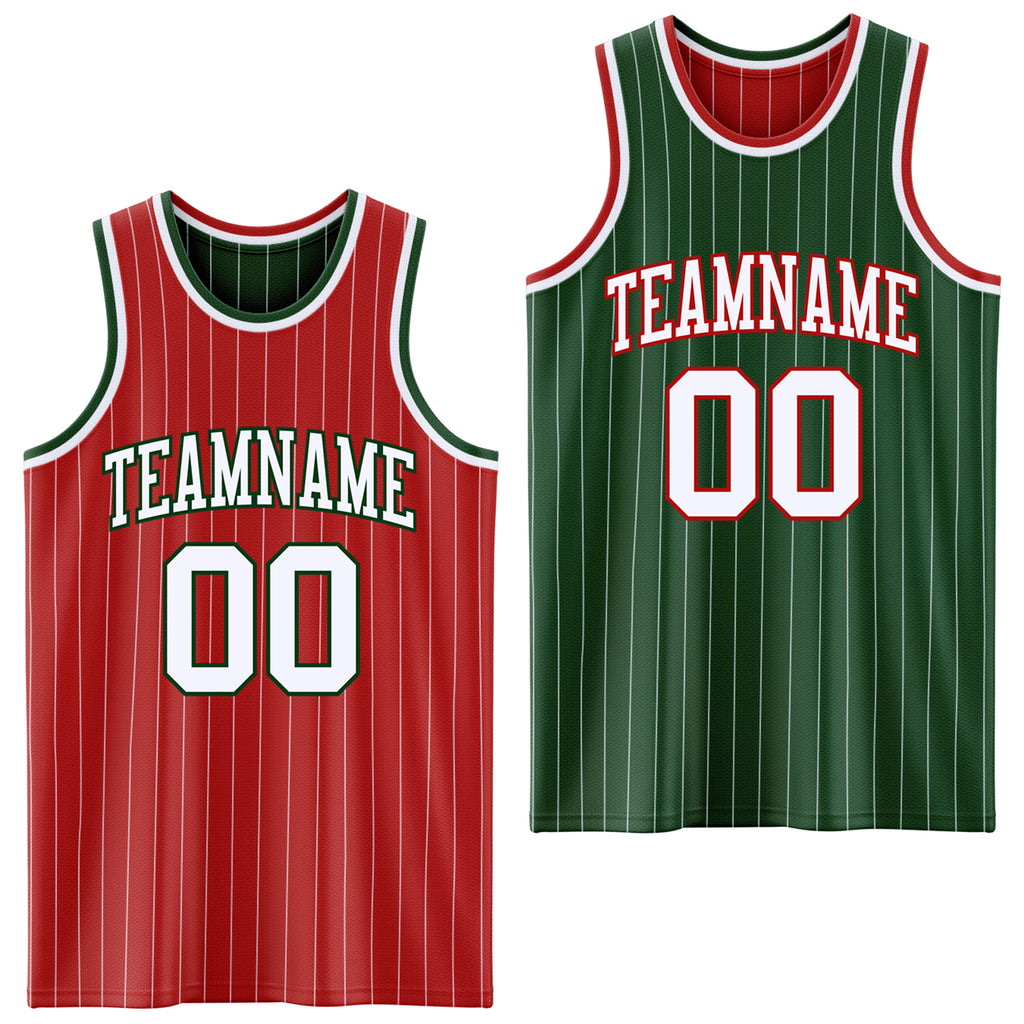 Custom Red White Pinstripe-Green Reversible Double Side Sublimation Basketball Set Jersey