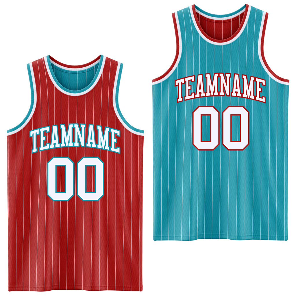Custom Red White Pinstripe-Teal Reversible Double Side Sublimation Basketball Set Jersey