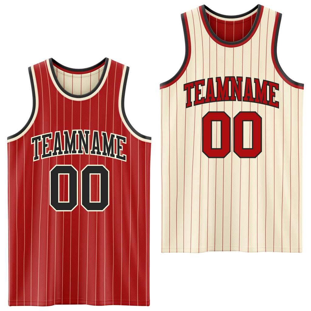 Custom Red Cream Pinstripe-Black Reversible Double Side Sublimation Basketball Set Jersey