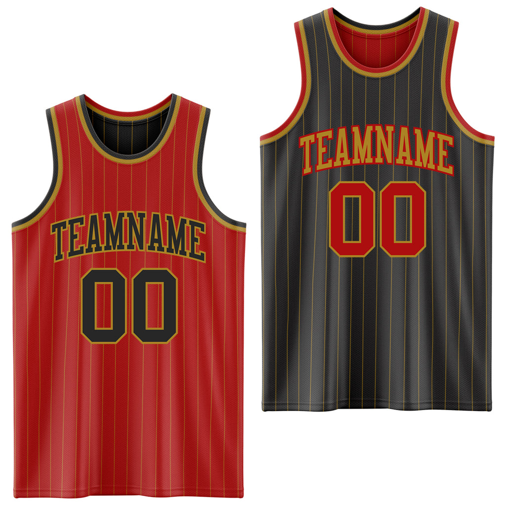 Custom Red Old Gold Pinstripe-Black Reversible Double Side Sublimation Basketball Set Jersey