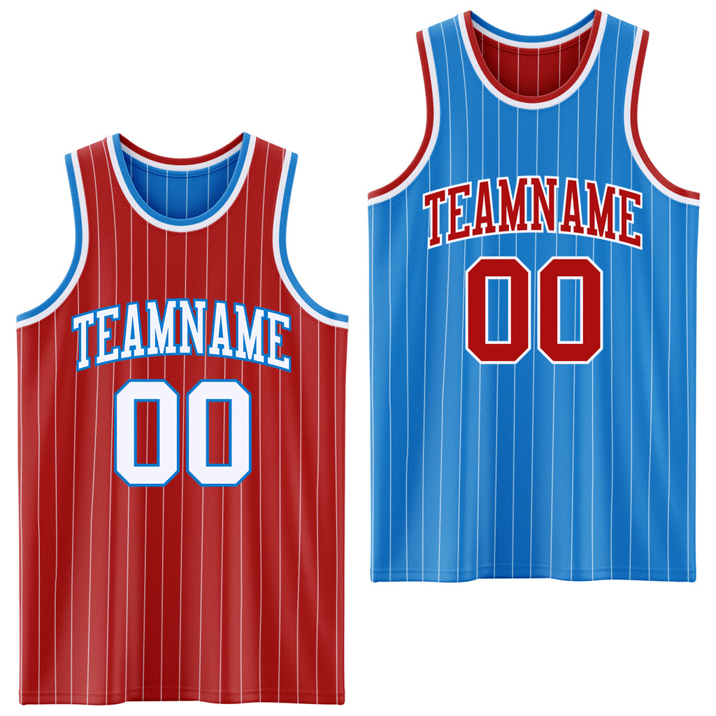 Custom Red White Pinstripe-Powder Blue Reversible Double Side Sublimation Basketball Set Jersey