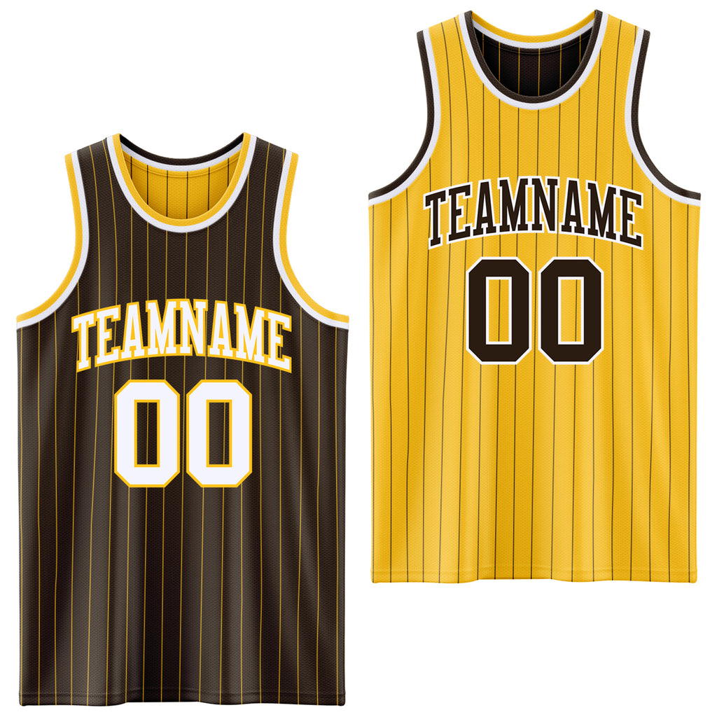 Custom Brown Gold Pinstripe-White Reversible Double Side Sublimation Basketball Set Jersey