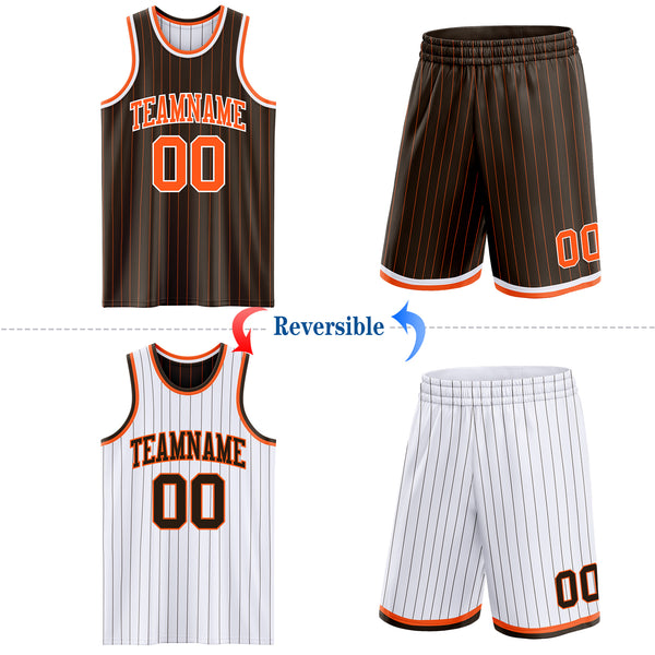 Custom Brown Orange Pinstripe-White Reversible Double Side Sublimation Basketball Set Jersey