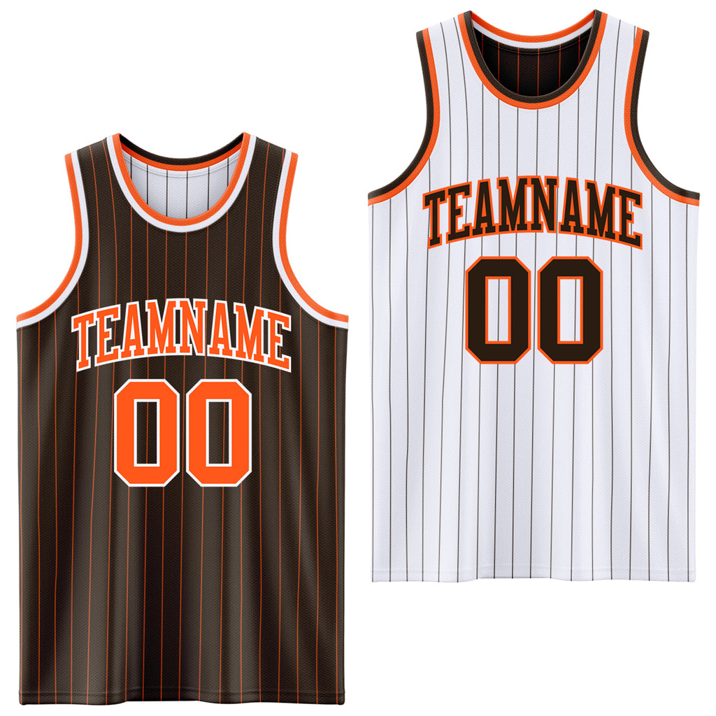 Custom Brown Orange Pinstripe-White Reversible Double Side Sublimation Basketball Set Jersey