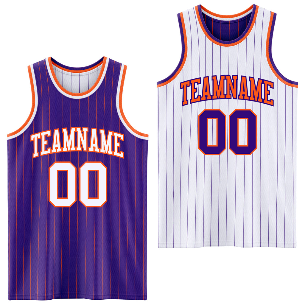 Custom Purple Orange Pinstripe-White Reversible Double Side Sublimation Basketball Set Jersey