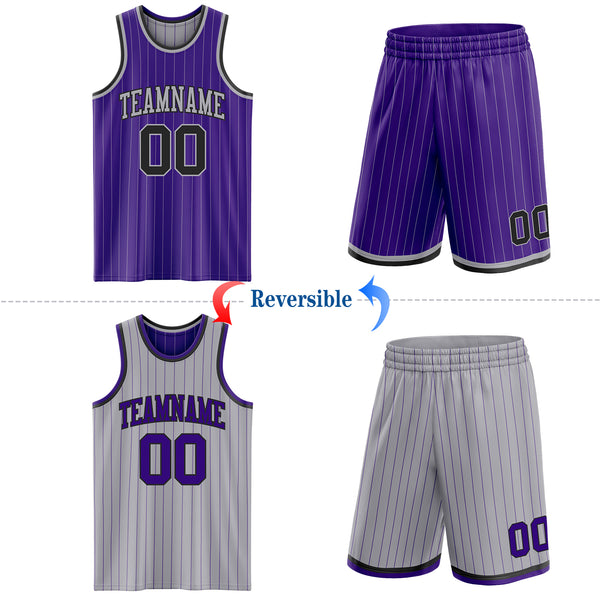 Custom Purple Gray Pinstripe-Black Reversible Double Side Sublimation Basketball Set Jersey
