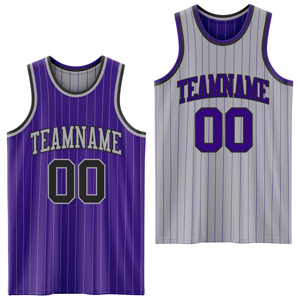 Custom Purple Gray Pinstripe-Black Reversible Double Side Sublimation Basketball Set Jersey