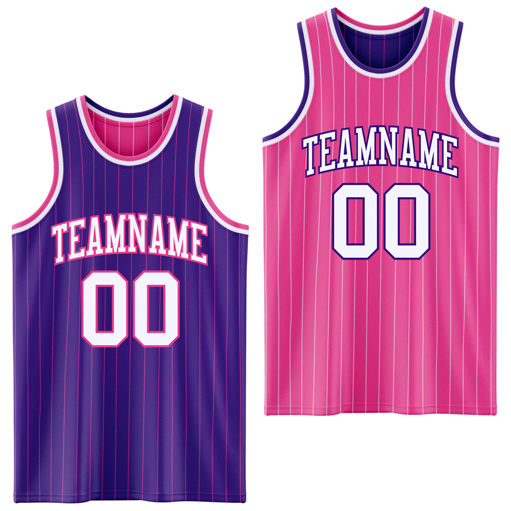 Custom Purple Pink Pinstripe-White Reversible Double Side Sublimation Basketball Set Jersey