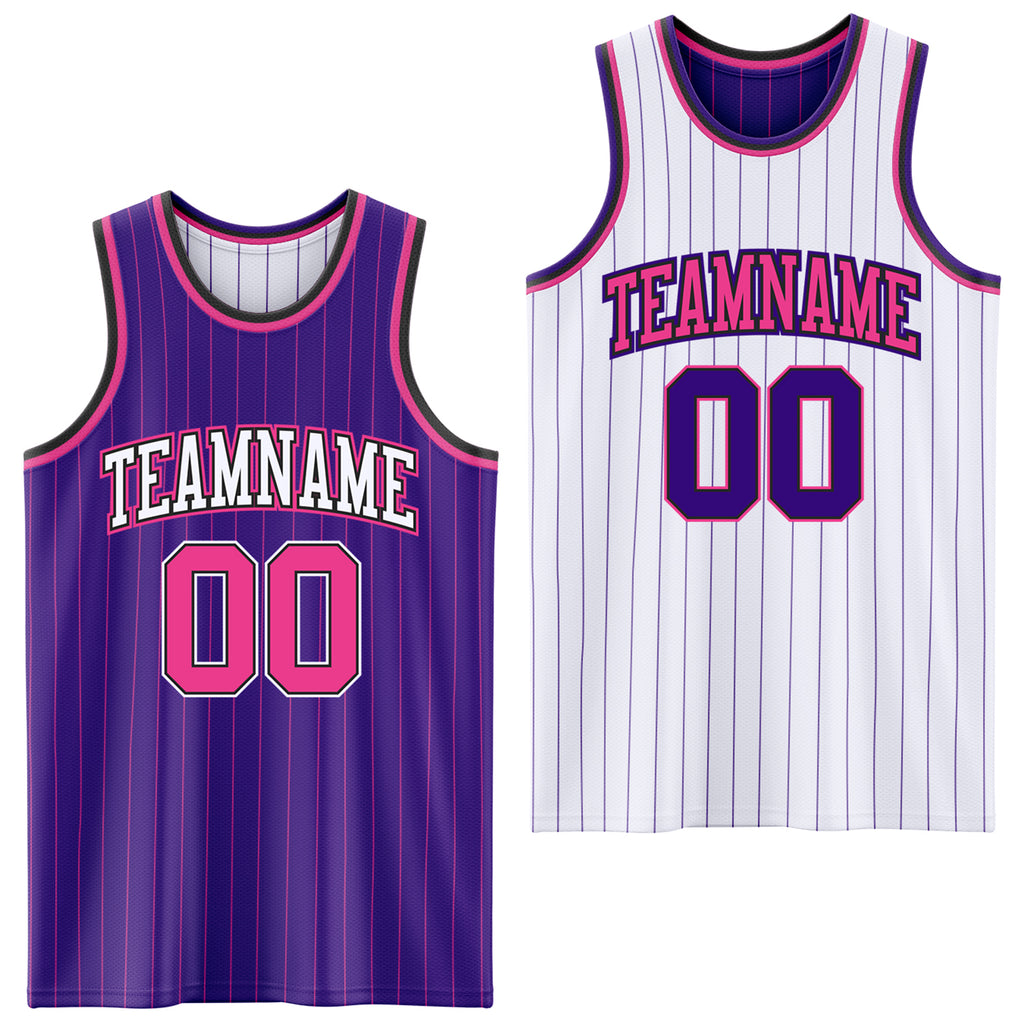 Custom Purple Pink Pinstripe Black-White Reversible Double Side Sublimation Basketball Set Jersey