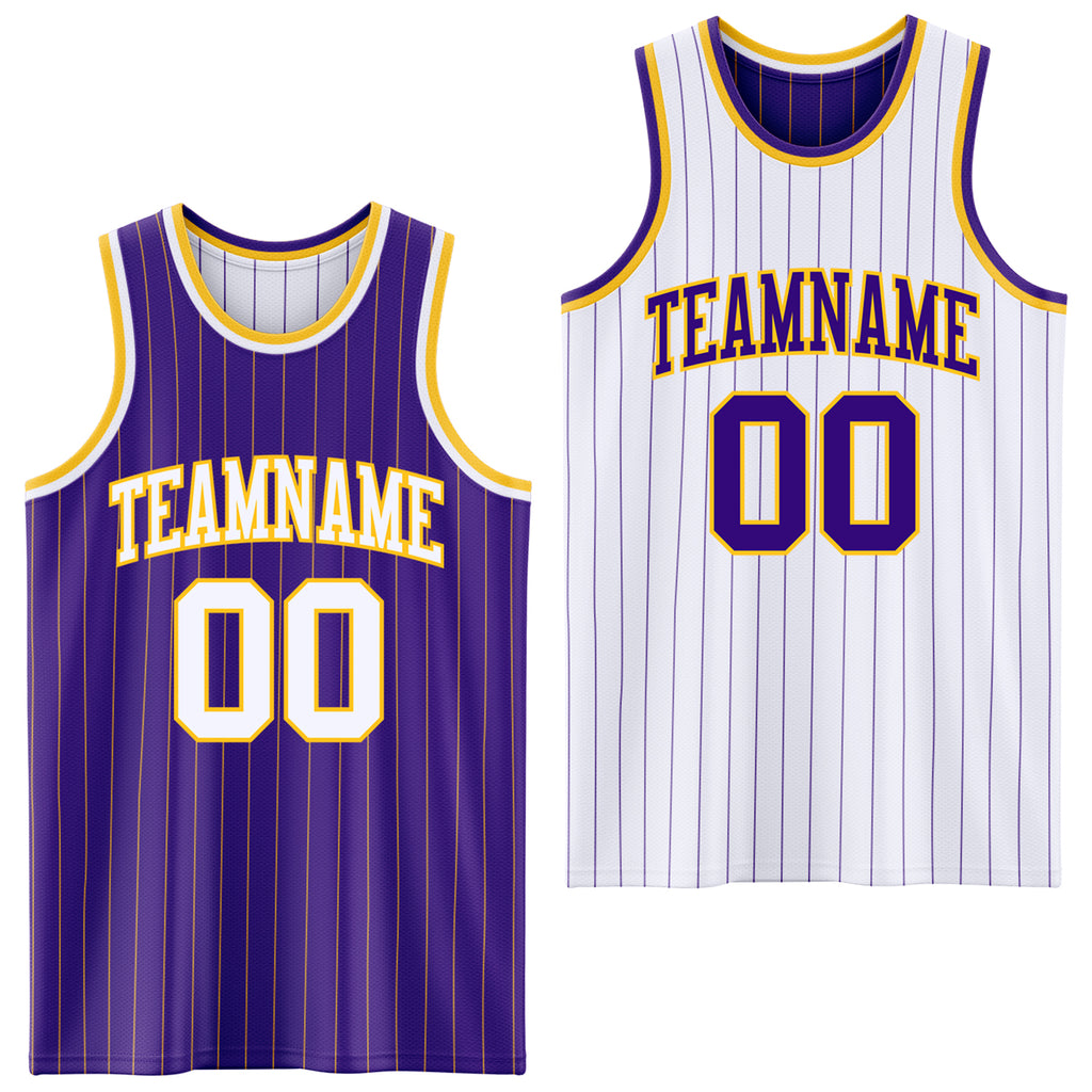 Custom Purple Gold Pinstripe-White Reversible Double Side Sublimation Basketball Set Jersey