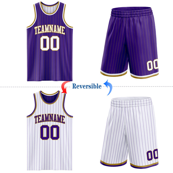 Custom Purple Old Gold Pinstripe-White Reversible Double Side Sublimation Basketball Set Jersey