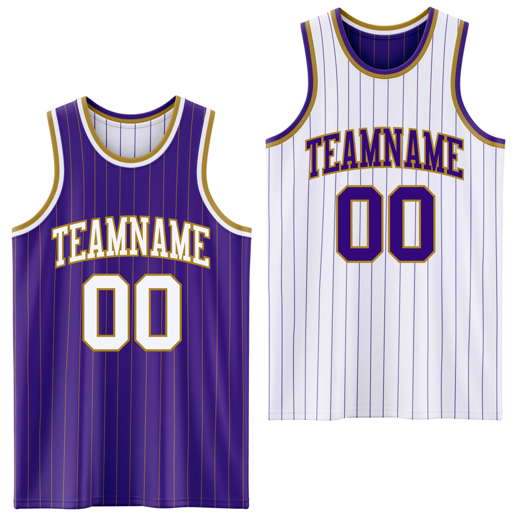 Custom Purple Old Gold Pinstripe-White Reversible Double Side Sublimation Basketball Set Jersey