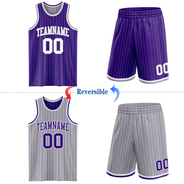 Custom Purple Gray Pinstripe-White Reversible Double Side Sublimation Basketball Set Jersey