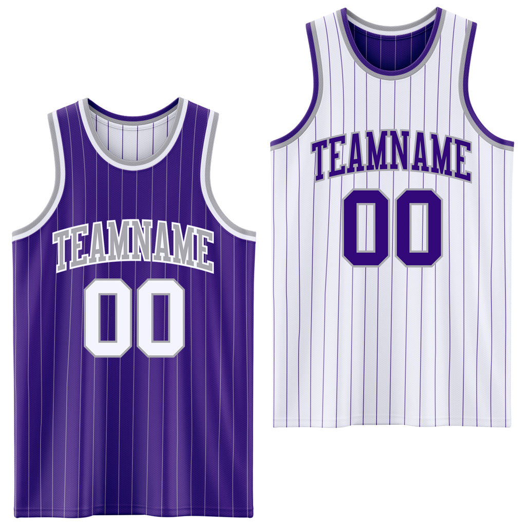 Custom Purple Gray Pinstripe-White Reversible Double Side Sublimation Basketball Set Jersey