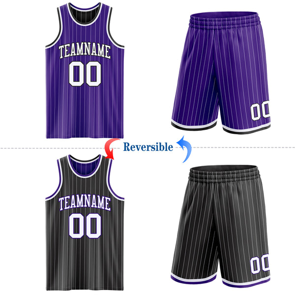 Custom Purple White Pinstripe-Black Reversible Double Side Sublimation Basketball Set Jersey