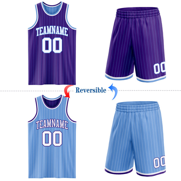 Custom Purple Light Blue Pinstripe-White Reversible Double Side Sublimation Basketball Set Jersey