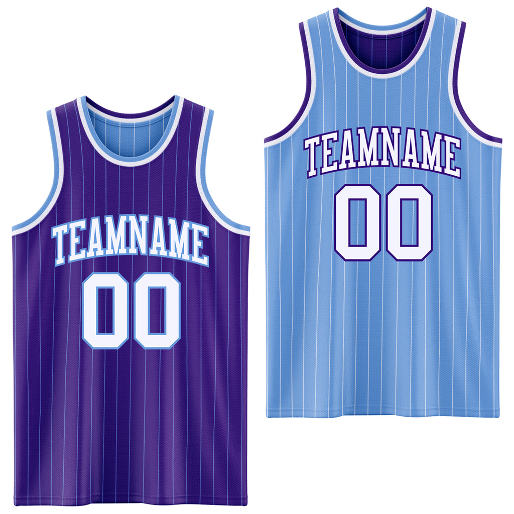Custom Purple Light Blue Pinstripe-White Reversible Double Side Sublimation Basketball Set Jersey