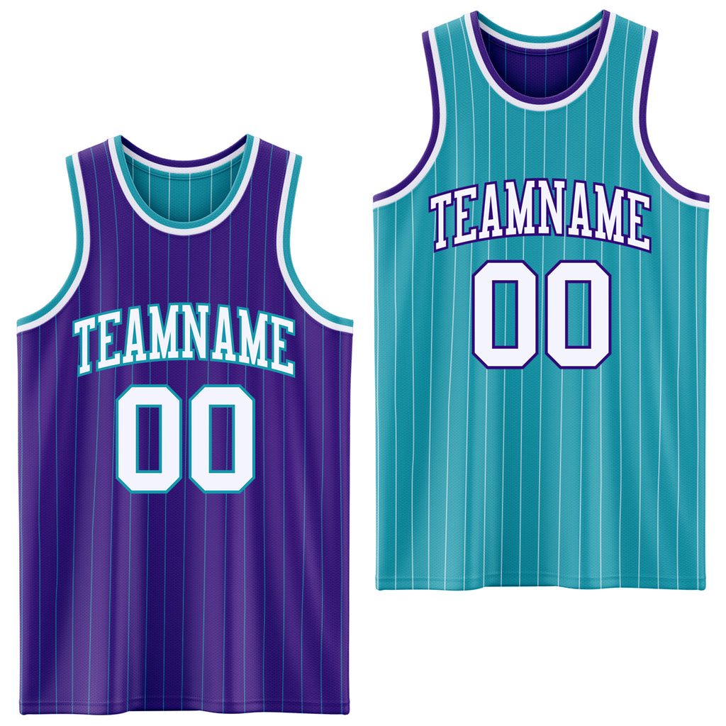 Custom Purple Teal Pinstripe-White Reversible Double Side Sublimation Basketball Set Jersey
